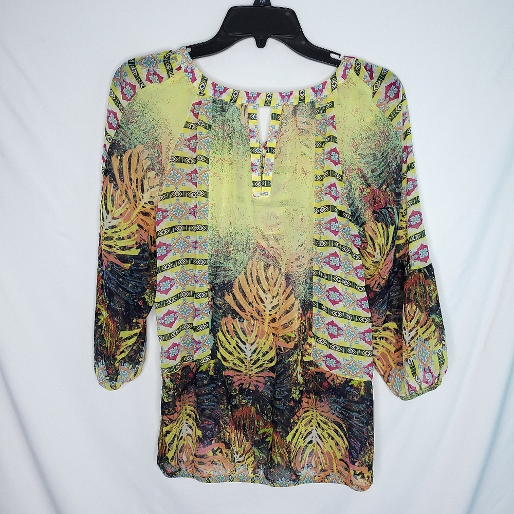 FIG & FLOWER Women's Boho Print Semi Sheer Blouse PETITE LARGE - Picture 14 of 14